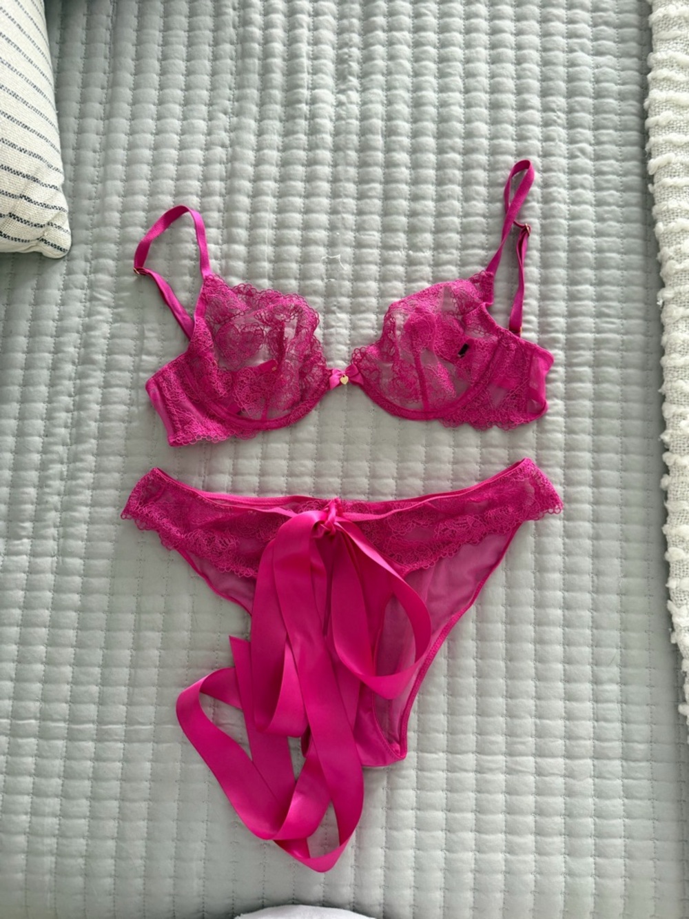 Victoria's Secret Hot Pink Lace Bra & Ribbon-Tie Panty Set